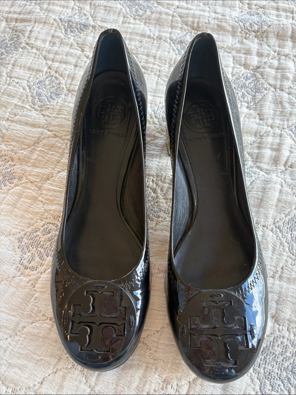 Tory Burch Black Patent Logo Block Heel Flats with Gold Heel Accent